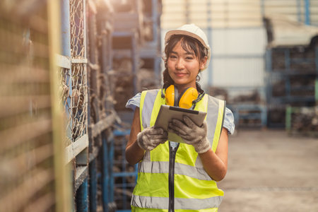 Engineer woman worker, Asian working women happy smiling in heavy industry dirty machinery factory.の写真素材
