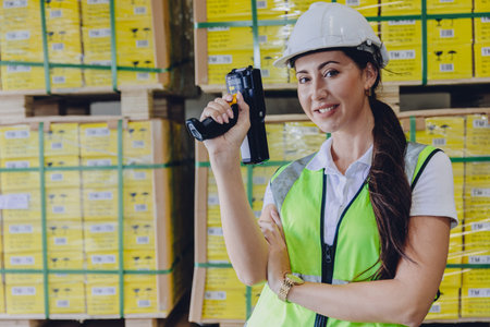 Staff lady worker work in warehouse inventory products collection management with barcode scanning...