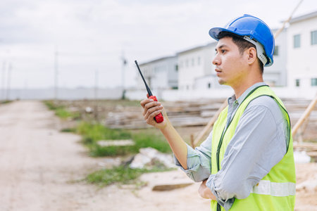 worker foreman engineer builder working using radio command in home construction site safety check.