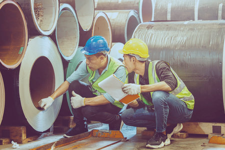 Heavy Industry Worker workman service team working in metal factory.