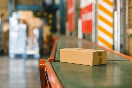parcel box on conveyor belt products goods delivery shipping from warehouse inventory stock...