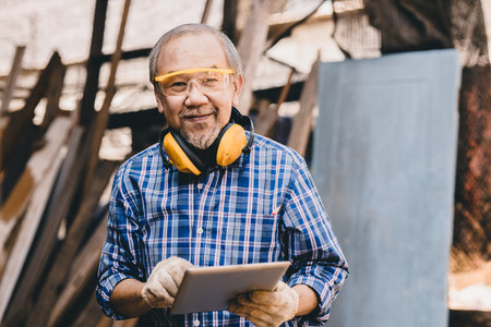 senior male Asian worker builder happy smile with safety equipment work in wood construction site