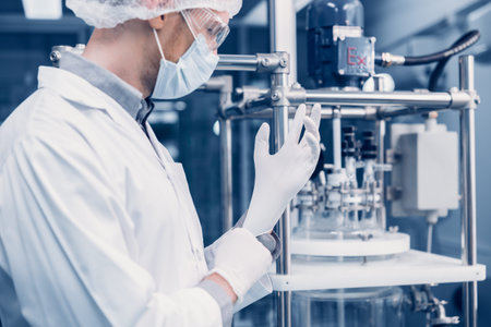 Science lab medical factory staff working safety wearing rubber glove work with danger chemical in...