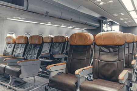 airplane economy class seats row in the cabin no passenger luxury wide leather chair size elegant lookの写真素材