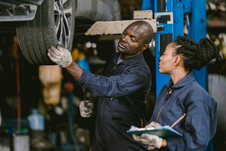 Auto garage worker Black African working together to fix service car vahicle wheel support togetherの写真素材