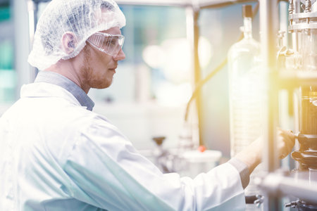 medicine factory scientist worker with Cannabis CBD oil extraction machine. Hemp oil extraction Thin Film Distillation Laboratory Plants Process.の写真素材