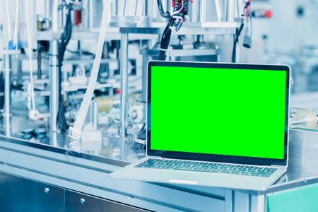 computer laptop blank green screen on science lab advance machine automation engineering tech...