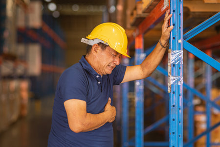 senior adult male worker having a painful infarction. chest pain heart attack health problem from hard working.の写真素材
