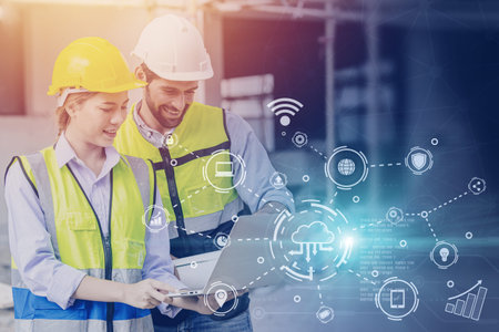engineer with modern wireless connection smart technology cloud computing for helping work good...