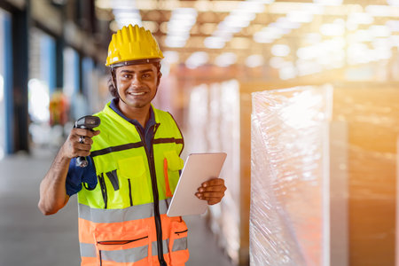 portrait happy indian worker work at inventory warehouse as shipping staff checking cargo boxの写真素材