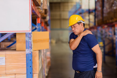 warehouse worker back shoulder muscle pain injuries from heavy lifting hard working.の写真素材