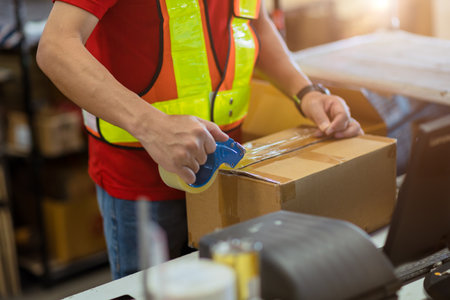 staff worker tape packing seal products box prepare for shipping delivery to online order customer.の写真素材