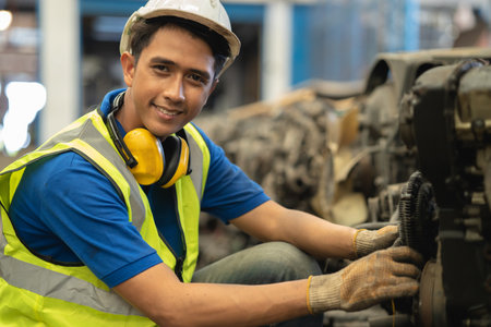 portrait young male worker engineer working in heavy industry with safety happy smile looking cameraの写真素材