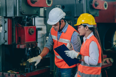 engineer male training and check machine with woman worker team in metal industry factoryの写真素材