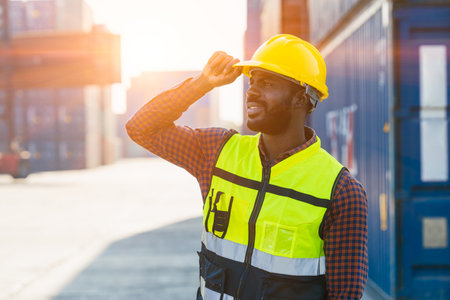 Logistics industry African black male engineer staff worker foreman at port container yard control loading cargoの写真素材