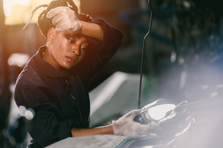 african woman worker hard working tired sweat for mechanic girl engine check garageの写真素材