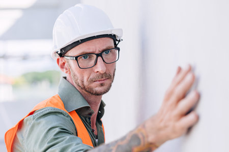 builder worker look at construction plastering wall for high precision detail and quality for good...