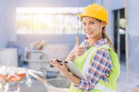 portrait engineer woman worker as builder project manager inspector happy smile thumbs up with tabletの写真素材