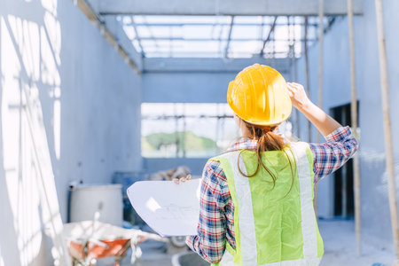 Female engineer working women. Architect construction builder worker with floor plan at building...