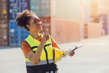 African woman cargo logistics industry staff worker happy working in port shipyard check containers