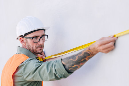 construction worker engineer male professional look working measure wall using meters tape high detail precisionの写真素材