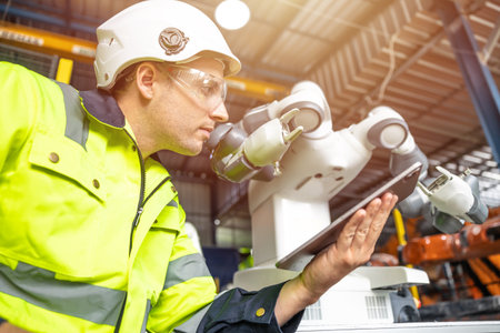 Automation Engineer Service Programming Robotic Arm. New Era Modern Machine Automatic Manufacturing Industry Concept.の写真素材