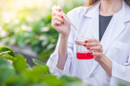 closeup scientist discover liquid chemical formula extract from plant work in organic argriculture...