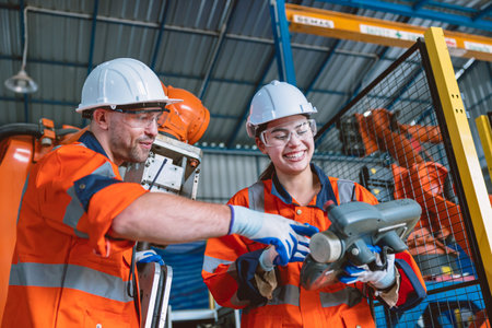 engineer team worker working program robot arm assembly machine in modern metal heavy industry factoryの写真素材