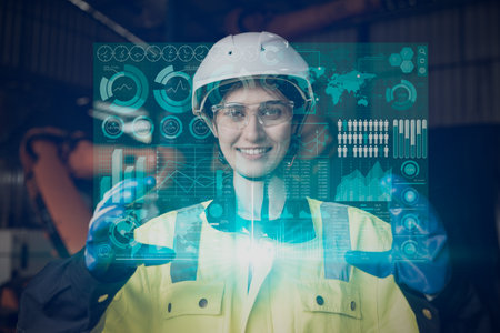 happy engineer female worker using advance technology digital hologram infographics touch panel in industry factory.の写真素材