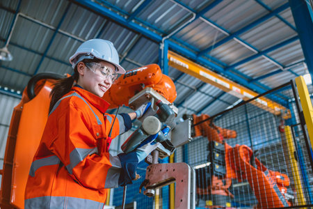 woman smart engineer worker programming control robot assembly arm in modern metal industry factory