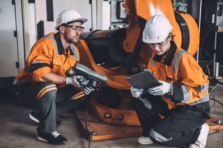 Engineer team service robot welding working in automation factory. People worker in safety suit work...