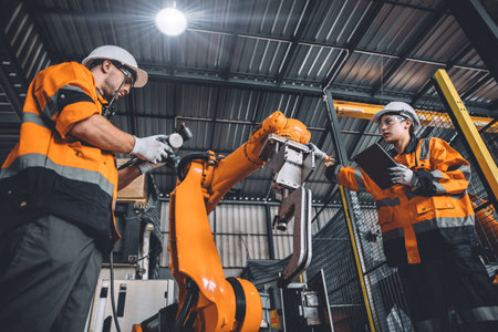 Engineer team service robot welding working in automation factory. People worker in safety suit work robotic arm software programming or replacing part in automated manufacturing industry technology.の写真素材