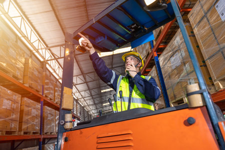 Russian European male staff worker working control loading operate folk lift in warehouse inventory factoryの写真素材