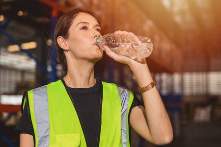 health care woman worker drinking clean water while working in hot place for refresh and personal healthyの写真素材