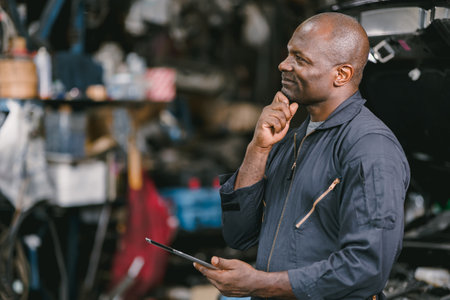 Garage mechanic auto service worker man thinking problem cause car breakdownの写真素材