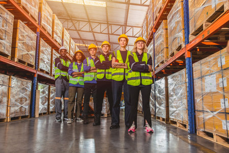 group of people worker warehouse staff team standing together for inventory products shipping store...