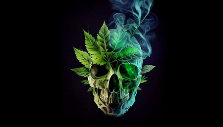 Hemp leaf grow inside human skull. marijuana leaves in skull head on dark background for shirt art. Generative AIの素材