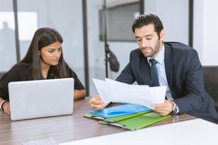 hispanic indian business people working together. india businesswoman meeting with boss.