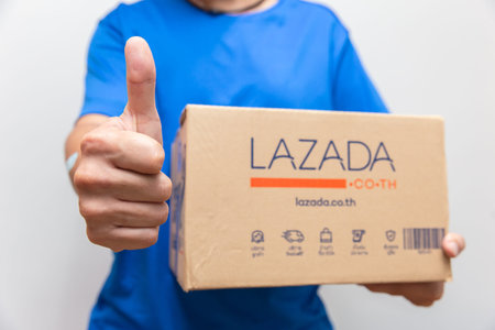Delivery Man with Lazada box thumbs up, Popular online shopping mall in Thailand,14 August...