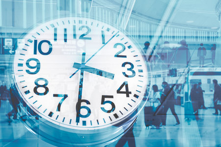 Business times city people working hours concept. Urban crowd walking overlay with time clockの写真素材
