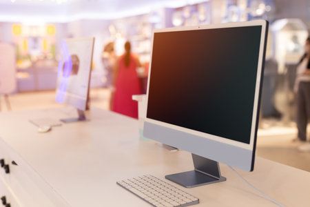 Computer desktop on counter bar for internet service or customer information blank screen for advertisingの写真素材
