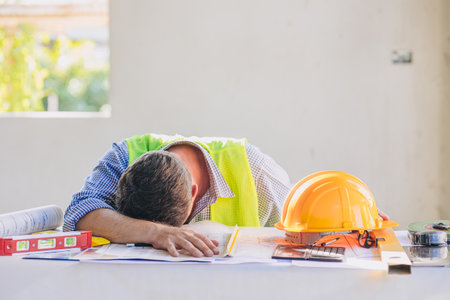 tired engineer construction builder man nap. architect worker feeling exhausted sleep down for hardworking in working deskの写真素材