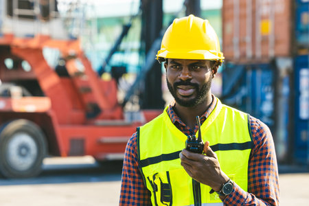african black male worker foreman work cargo control loading operator in container shipping dock...