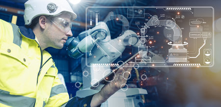 Smart Engineer advance industry robot arm in modern automation factory production technology...