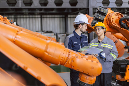 Engineer woman team worker work in Machine Robotic modern Automation Industry. Mechanic staff...