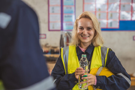 Cute young lady engineer staff happy smile. woman worker drinking water brake relax at workplace.