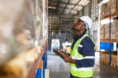 Photo of a male worker inspecting count products stock in a warehouse manufacturing plant for...