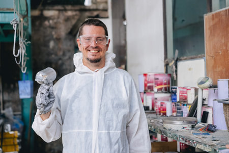 portrait male garage painter car painting color coat team staff worker employee happy smilingの写真素材