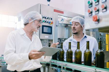 Winemaker professional standard officer work chek hygiene quality of beverage production in line...