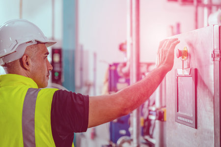 factory engineer staff pressing Emergency Stop Switch machine  malfunctioning for safety
